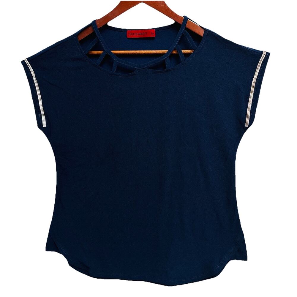 Love Scarlett Women’s Navy Blue Top Rhinestone Embellished Short Sleeve Large